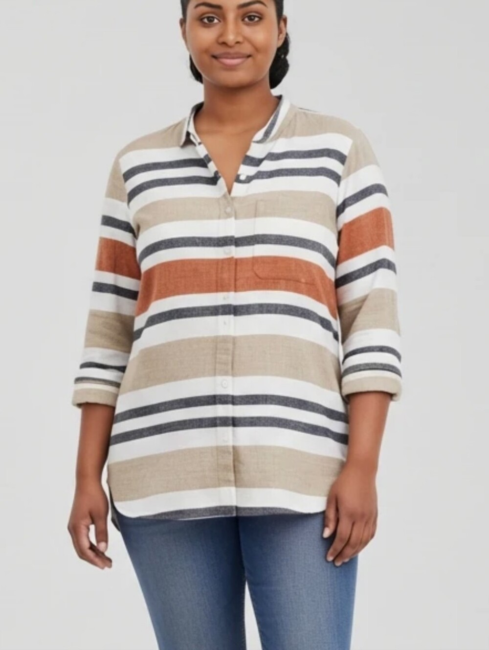 Lands' End Striped Button-Up Tunic in Beige, Rust and White